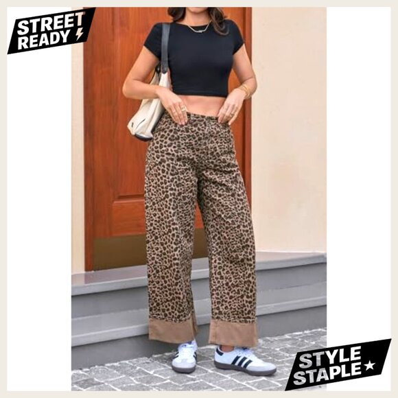 Wide Leg Boyfriend Jeans High Waisted Cuffed Denim Pants with Pockets - Picture 5 of 7